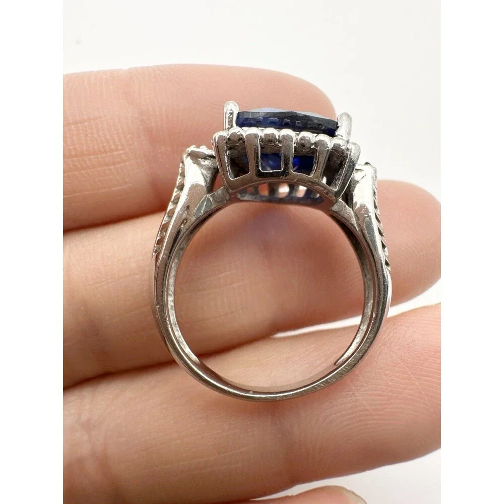 925 Sterling Silver Trillion Cut Blue Topaz Diamond Ring Size 6